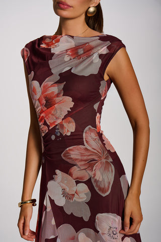 Asymmetric Draped Mesh Maxi Dress, Burgundy Floral