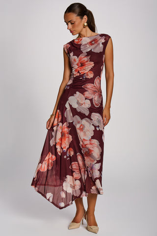 Asymmetric Draped Mesh Maxi Dress, Burgundy Floral