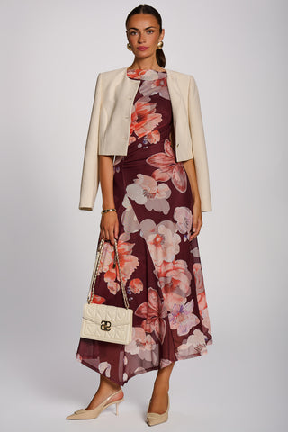 Asymmetric Draped Mesh Maxi Dress, Burgundy Floral
