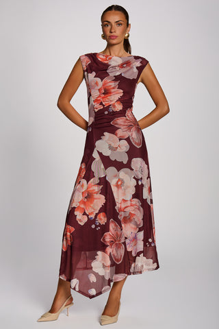 Asymmetric Draped Mesh Maxi Dress, Burgundy Floral