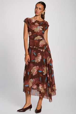 Asymmetrical Draped Mesh Maxi Dress, Brown Floral