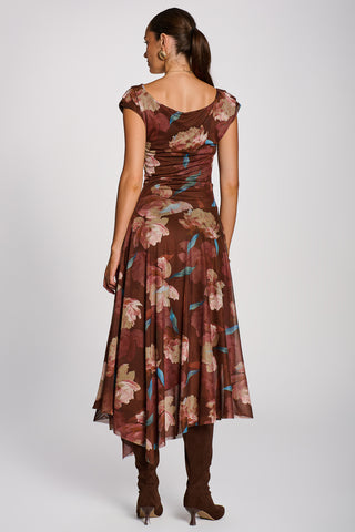 Asymmetrical Draped Mesh Maxi Dress, Brown Floral