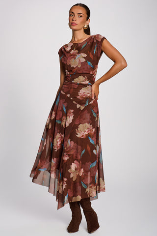 Asymmetrical Draped Mesh Maxi Dress, Brown Floral