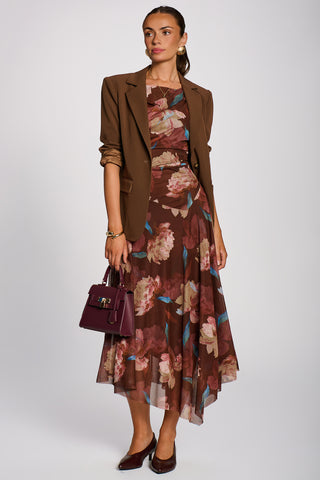 Asymmetrical Draped Mesh Maxi Dress, Brown Floral
