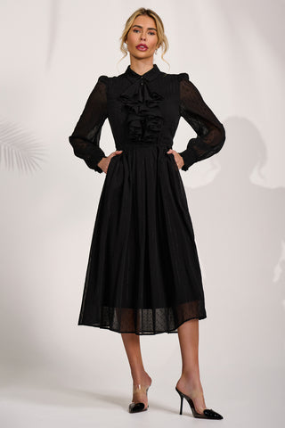 Textured Chiffon Long Sleeve Shirt Dress, Black