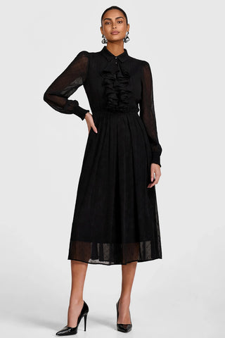 Textured Chiffon Long Sleeve Shirt Dress, Black