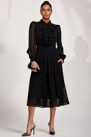 Textured Chiffon Long Sleeve Shirt Dress, Black