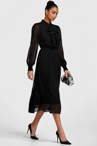 Textured Chiffon Long Sleeve Shirt Dress, Black
