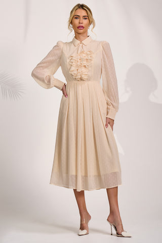 Textured Chiffon Long Sleeve Shirt Dress, Cloud White