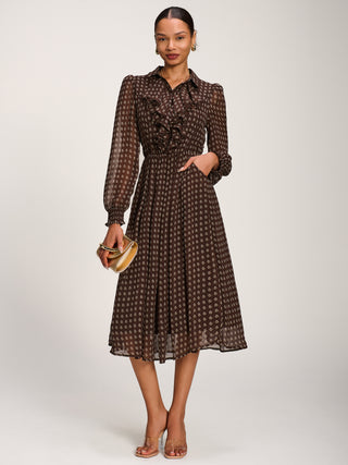 Chiffon Print Ruffled Shirt Dress, Brown Paisley