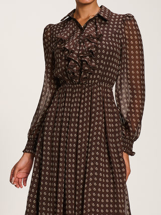 Chiffon Print Ruffled Shirt Dress, Brown Paisley