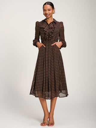Chiffon Print Ruffled Shirt Dress, Brown Paisley