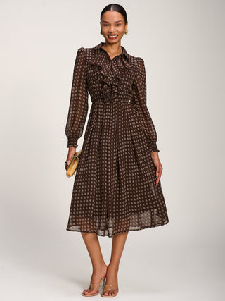 Chiffon Print Ruffled Shirt Dress, Brown Paisley