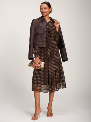 Chiffon Print Ruffled Shirt Dress, Brown Paisley