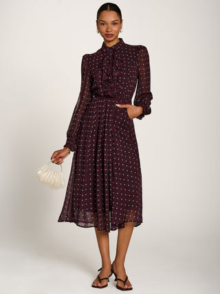Chiffon Print Ruffled Shirt Dress, Burgundy Spot