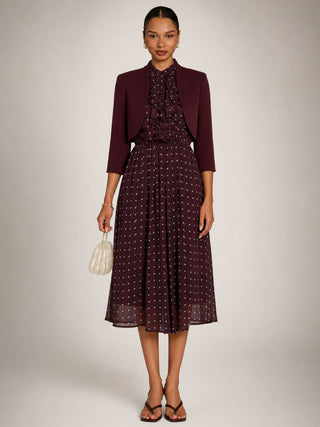 Chiffon Print Ruffled Shirt Dress, Burgundy Spot