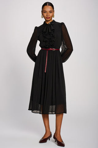 Textured Chiffon Long Sleeve Shirt Dress, Black