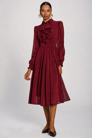 Textured Chiffon Long Sleeve Shirt Dress, Burgundy