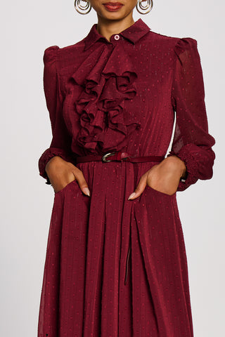 Textured Chiffon Long Sleeve Shirt Dress, Burgundy