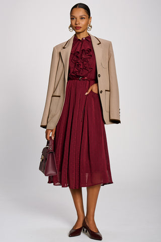 Textured Chiffon Long Sleeve Shirt Dress, Burgundy