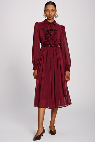 Textured Chiffon Long Sleeve Shirt Dress, Burgundy