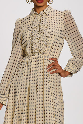 Chiffon Print Ruffled Shirt Dress, Beige Paisley