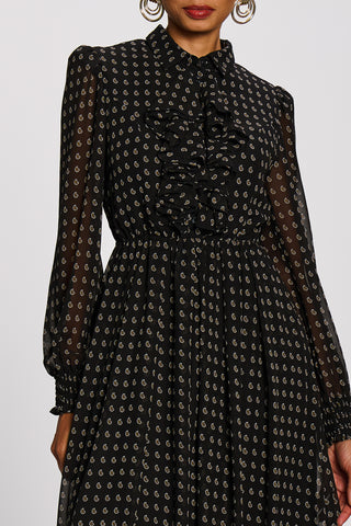 Chiffon Print Ruffled Shirt Dress, Black Paisley