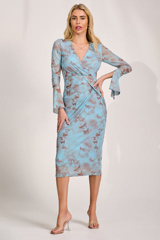 Long Sleeve Mesh Bodycon Dress, Blue Abstract