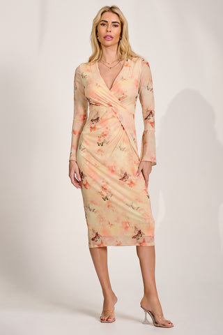 Long Sleeve Mesh Bodycon Dress, Orange Abstract