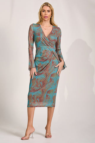 Long Sleeve Mesh Bodycon Dress, Teal Abstract