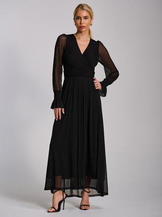 Mesh long sleeve maxi dress, Black