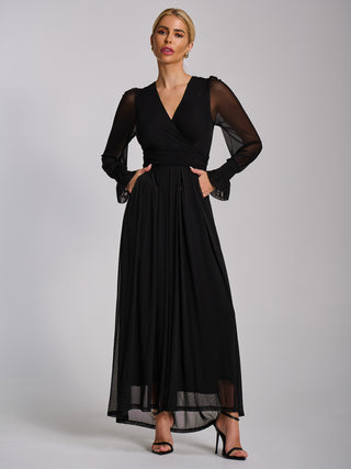 Mesh long sleeve maxi dress, Black