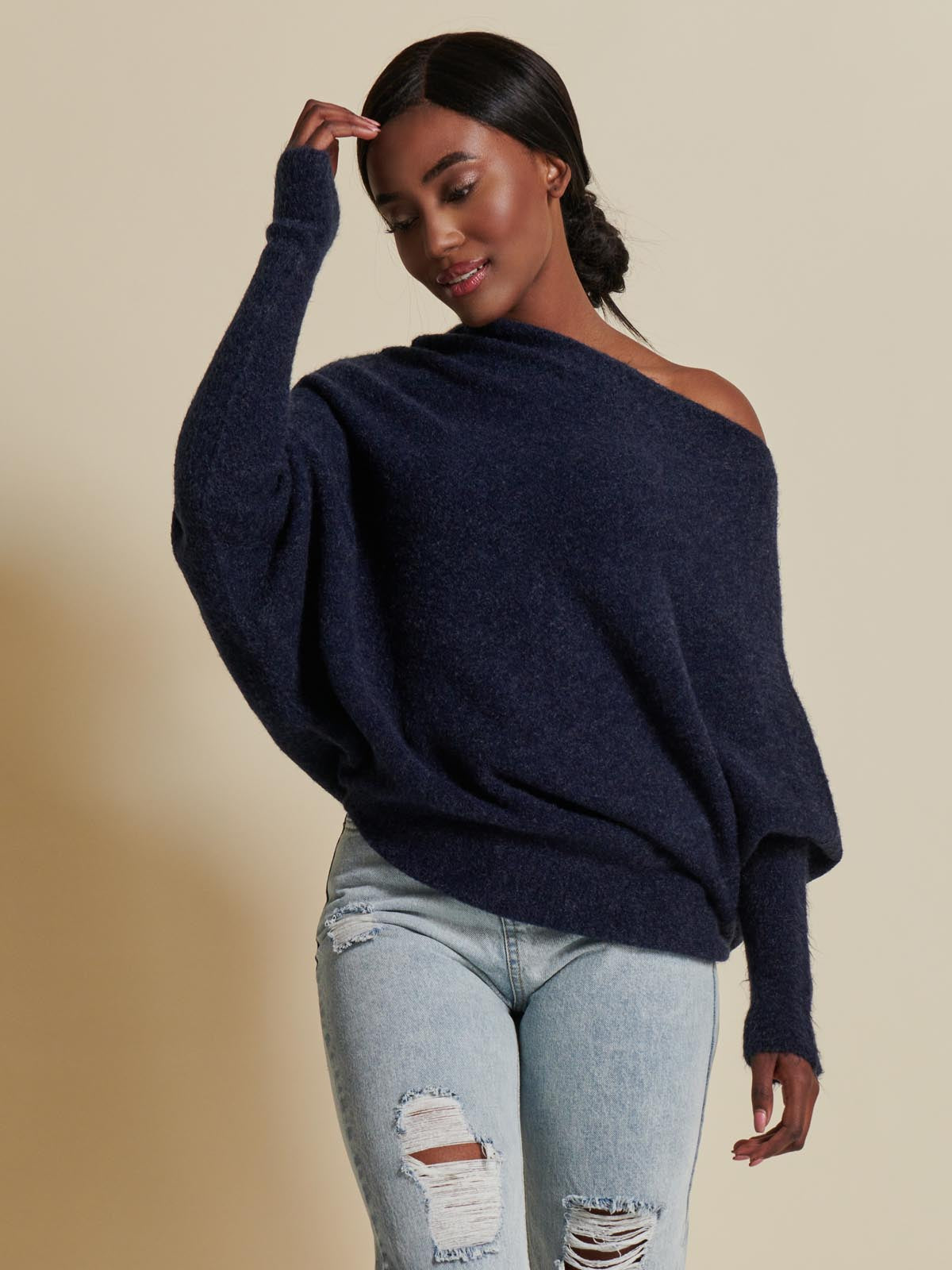 Made in Italy Wool Blend Asymmetric Knit Jumper, Navy