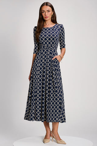 Printed Jersey Maxi Dress with 3/4 Sleeve, Navy Geo