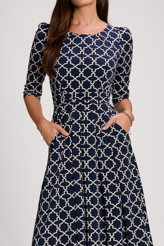 Printed Jersey Maxi Dress with 3/4 Sleeve, Navy Geo