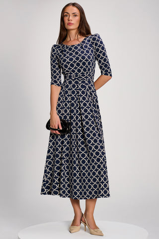 Printed Jersey Maxi Dress with 3/4 Sleeve, Navy Geo