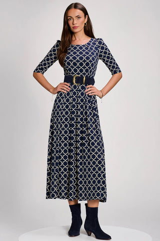 Printed Jersey Maxi Dress with 3/4 Sleeve, Navy Geo