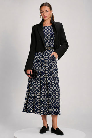 Printed Jersey Maxi Dress with 3/4 Sleeve, Navy Geo