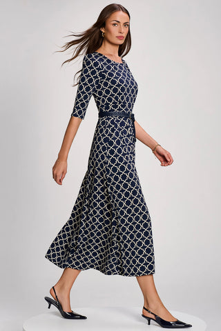 Printed Jersey Maxi Dress with 3/4 Sleeve, Navy Geo