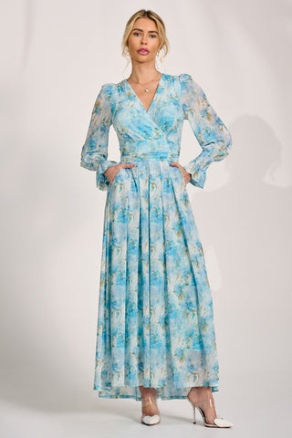 Long Sleeve Dip Hem Mesh Maxi Dress, Blue Floral