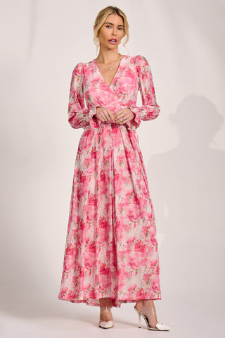 Long Sleeve Dip Hem Mesh Maxi Dress, Pink Floral