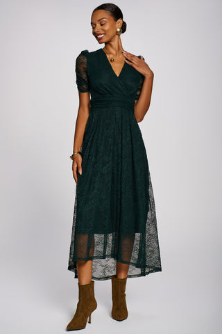 Lace Ruched Sleeve Dip Hem Maxi Dress, Dark Green