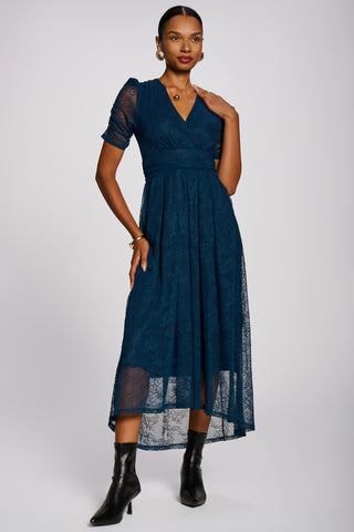 Lace Ruched Sleeve Dip Hem Maxi Dress, Teal