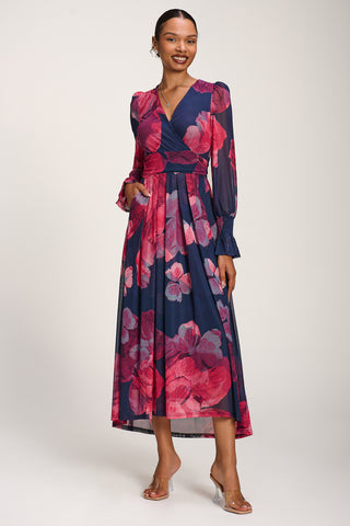 Long Sleeve V Neck Mesh Maxi Dress, Fuchsia Floral
