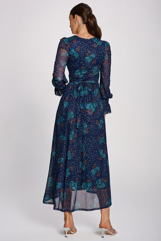 Long Sleeve Maxi  Mesh Dress, Navy Floral