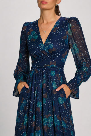 Long Sleeve Maxi  Mesh Dress, Navy Floral