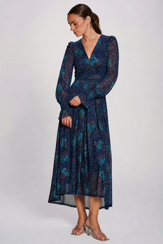 Long Sleeve Maxi  Mesh Dress, Navy Floral