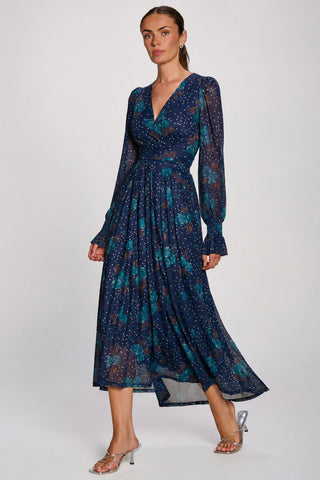Long Sleeve Maxi  Mesh Dress, Navy Floral