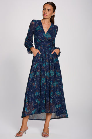 Long Sleeve Maxi  Mesh Dress, Navy Floral