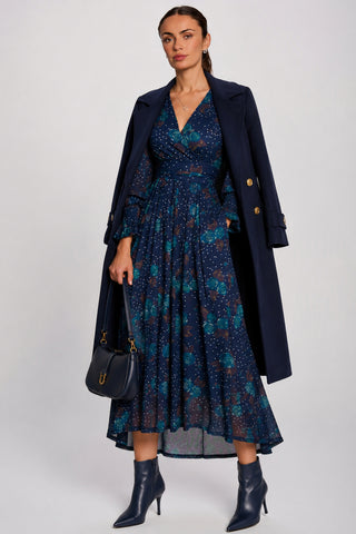Long Sleeve Maxi  Mesh Dress, Navy Floral